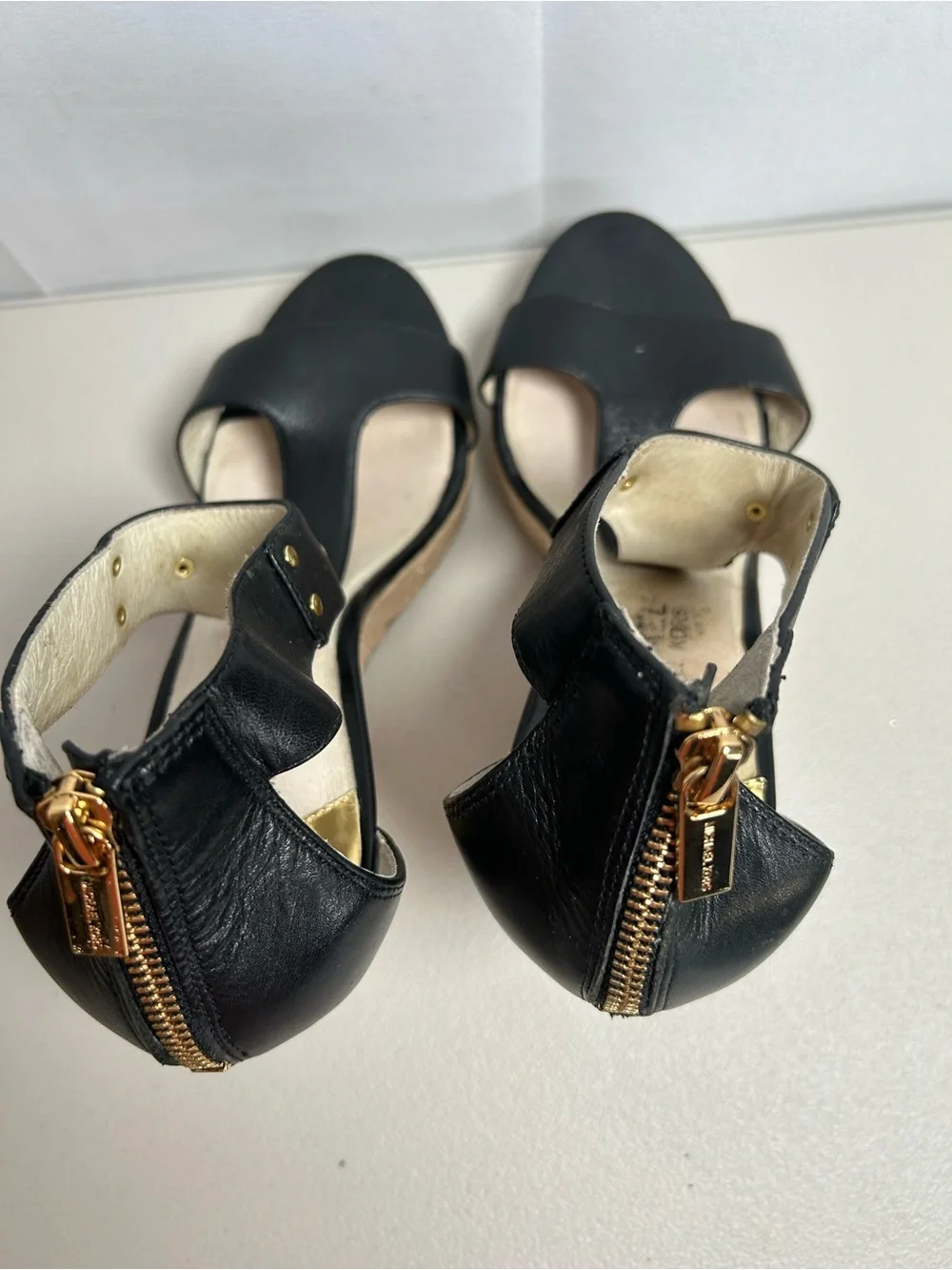 Michael Kors Black Leather Wedge Sandals with Gold Accent In 9M